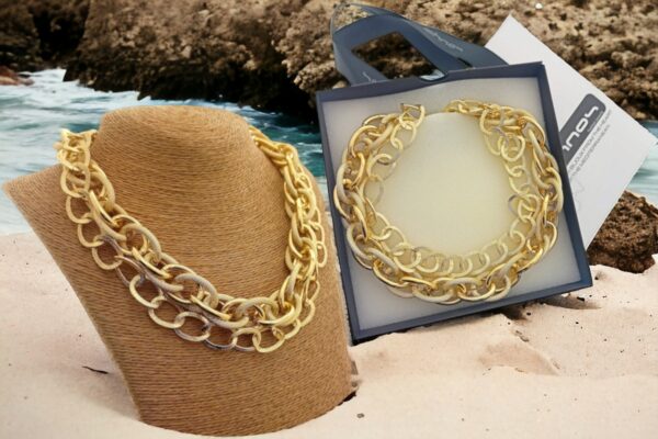 Collana 2 catene alluminio dorato con maglia deluxe e piatta satinata