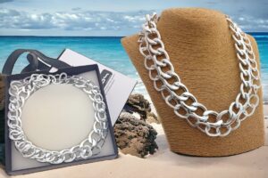 Collana 2 catene alluminio maglia argento lucido e piatta sottile