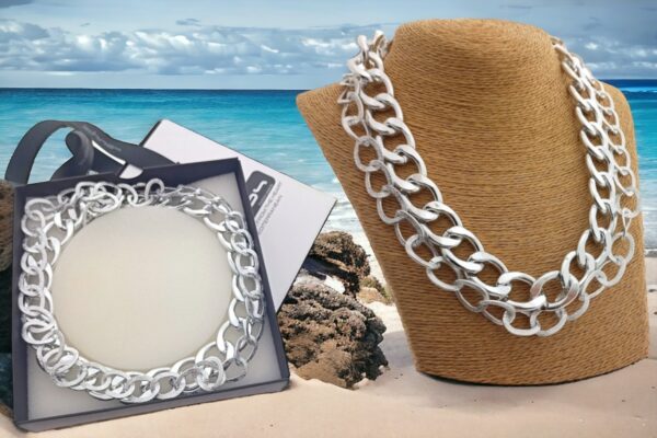 Collana 2 catene alluminio maglia argento lucido e piatta sottile