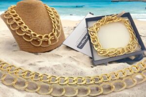 Collana 2 catene alluminio maglia dorata lucida e piatta sottile satinata