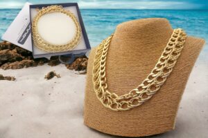 Collana dorata 2 catene alluminio maglia lucida e intrecciata satinata