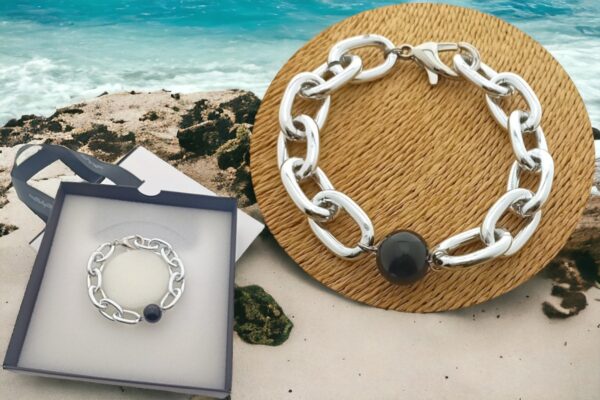Bracciale catena alluminio maglia arrotondata con perla onice