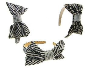 Cerchietto tess. fiocco e strass bianco/nero