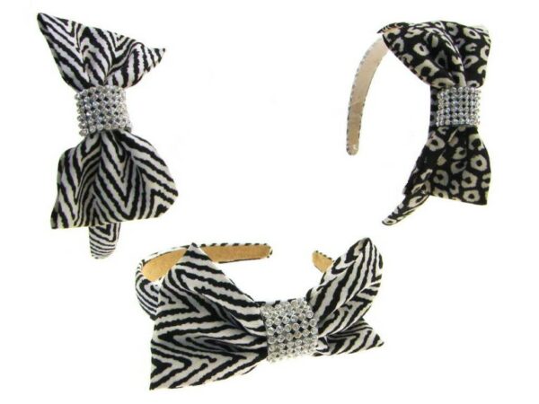 Cerchietto tess. fiocco e strass bianco/nero