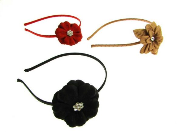 Cerchietto filo metallo riv. tessuto fiore e strass