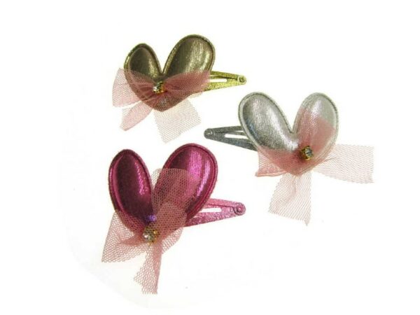 Clic clac cuore metallizzato con fiocco tulle e strass cm. 5