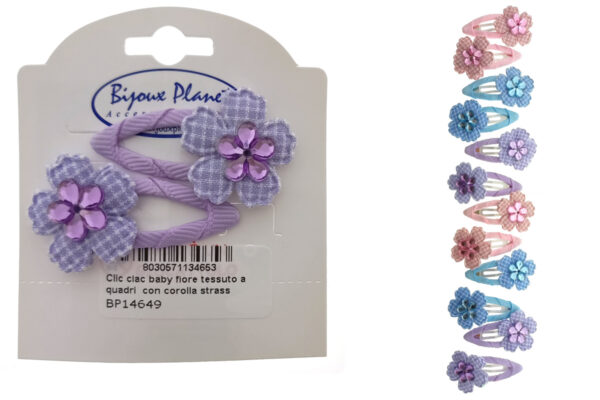 Clic clac baby fiore tessuto a quadri con corolla strass acrilico cm. 4,5 blister 2 pz.