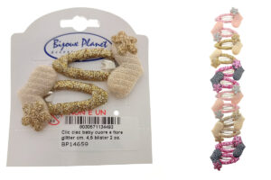 Clic clac baby cuore e fiore glitter cm. 4,5 blister 2 pz.