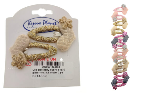 Clic clac baby cuore e fiore glitter cm. 4,5 blister 2 pz.