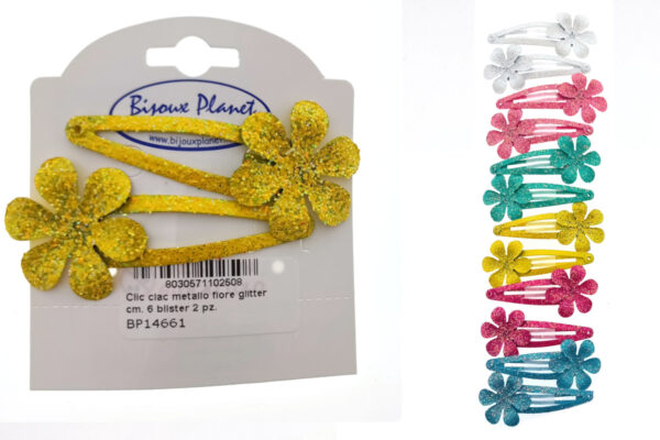Clic clac metallo fiore glitter cm. 6 blister 2 pz.