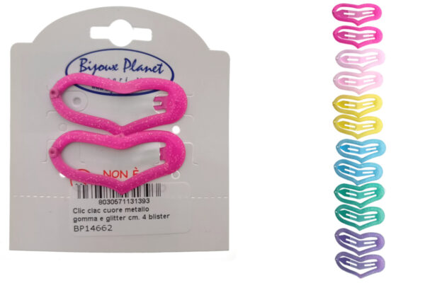 Clic clac cuore metallo gomma e glitter cm. 4 blister 2 pz.
