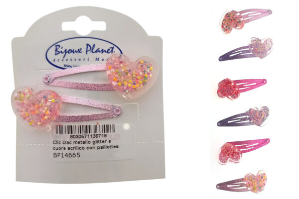 Clic clac metallo glitter e cuore acrilico con paillettes cm. 4,5 blister 2 pz.