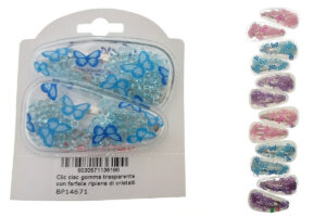 Clic clac gomma trasparente con farfalle ripiena di cristalli cm. 5,5 blister 2 pz.