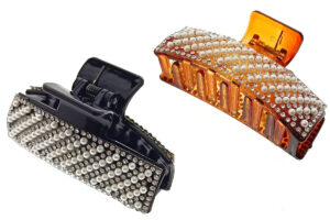 Pinza acrilico rettangolare con strass e perle cm. 8