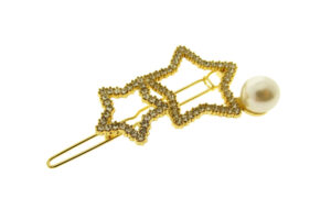 Fermaglio metallo dorato con 2 stelle strass e perla cm. 6