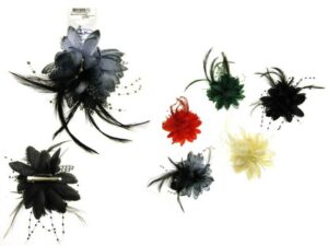 Becco fiore con piume verde,viola,marrone,nero,blu,