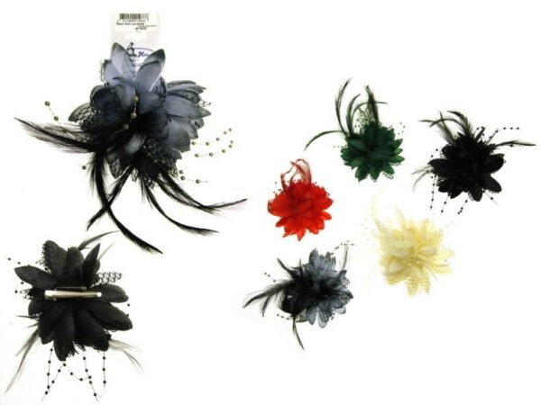 Becco fiore con piume verde,viola,marrone,nero,blu,