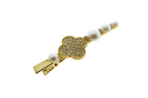 Becco metallo dorato con perle e fiore strass cm. 8