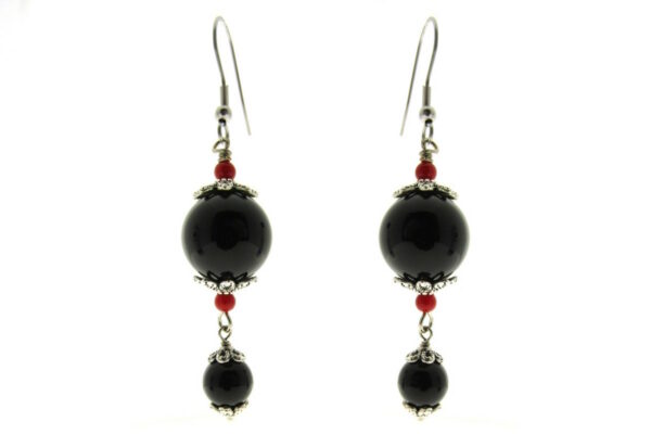 Orecchino pendente con pietre nere mm.14+ mm.8,, gancio in acciaio, lunghezza cm. 6