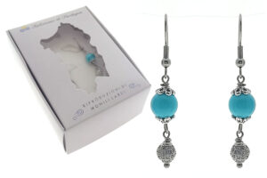 Orecchino pendente gancio acciaio con perla turchese mm. 8 e sfera acciaio strass