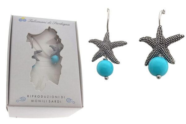 Orecchino pendente stella marina con perla turchese mm. 8