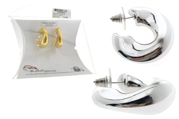 Orecchino semicerchio tubolare in acrilico metallizzato con perno acciaio - colori oro e argento - mm. 30x8