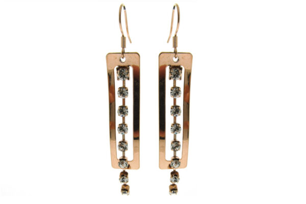 Orecchino rettang. pendente con catena strass