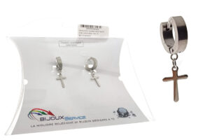 Orecchino acciaio one touch con croce larg. mm. 4