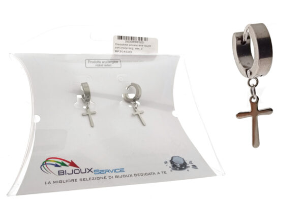 Orecchino acciaio one touch con croce larg. mm. 4