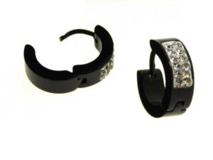 Orecchino cerchio one-touch acciaio nero e strass spess. mm. 4*13