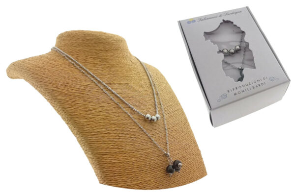 Collana 2 fili acciaio con sfere e 3 pietre onice