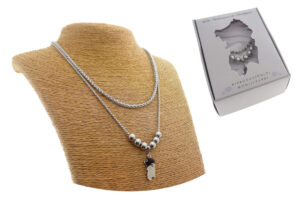 Collana 2 fili acciaio maglie cestino e quadrata 2 mm., sfere e ciondolo Sardegna con pietra onice
