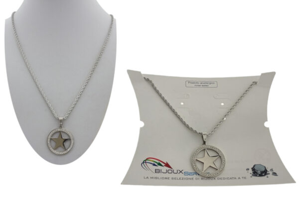 Collana acciaio maglia torcion con ciondolo tondo stella e strass
