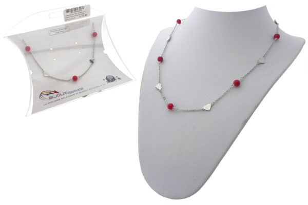 Catenina acciaio dorato con inserti cuore e perle rosse
