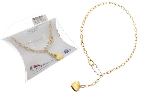 Collana maglia ovale con spilla perle e ciondolo cuore - ACCIAIO 316L