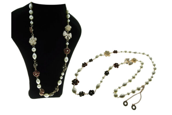 Collana metallo e perle con fiori metallo e smalto