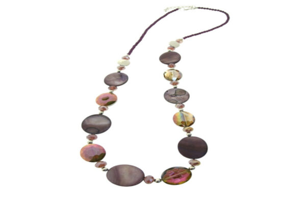 Collana lunga ovali cristallo e madreperla con inserti sfere metallo