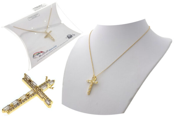 Catenina acciaio dorato con ciondolo croce strass e baguette cristallo