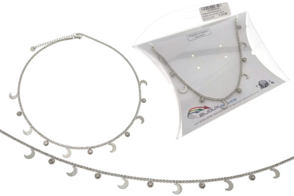 Collana tennis acciaio e cristalli con ciondoli luna e strass