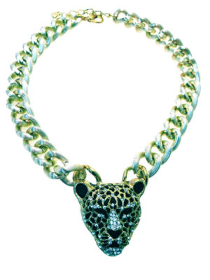 Collana catena alluminio centrale leopardo strass
