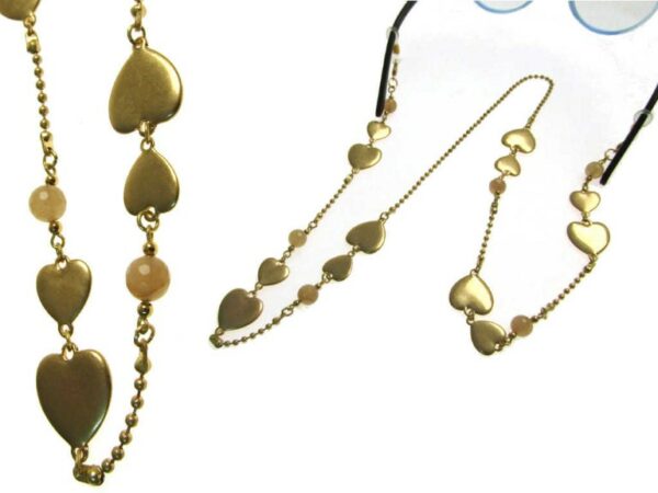 Catena collana per occhiali cuori metallo e sfere vetro