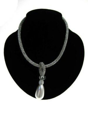 Collana tubolare cristalli con goccia perla acrilico mm. 20