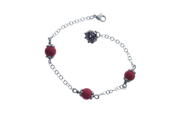 Bracciale acciaio con 3 pietre rosse e terminale con bottoncino metallo