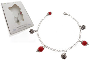 Bracciale catenina acciaio con pietre rosse e bottoni anticati