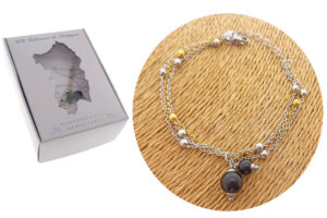 Bracciale 3 maglie acciaio bicolore con sferette e 2 ciondoli onice