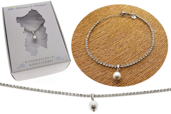 Bracciale tennis acciaio e cristalli con ciondolo perla mm. 8