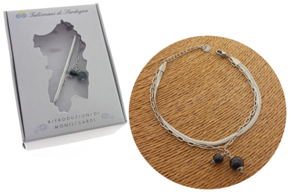 Bracciale acciaio maglia piatta con catenina e ciondoli pietra onice