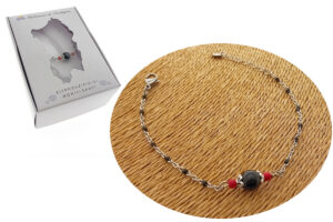 Bracciale catenina acciaio con sfere smaltate nere e pietra onice con sferette rosse