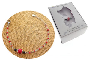 Bracciale catenina acciaio con sfere smaltate rosse e perla rossa con sferette nere