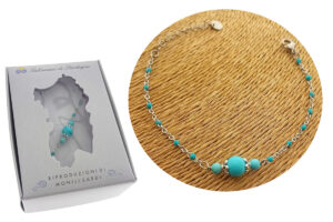 Bracciale catenina acciaio e sfere smaltate con centrale perle turchesi
